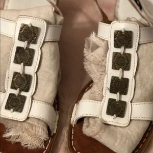 White leather sandals w unique metal detail